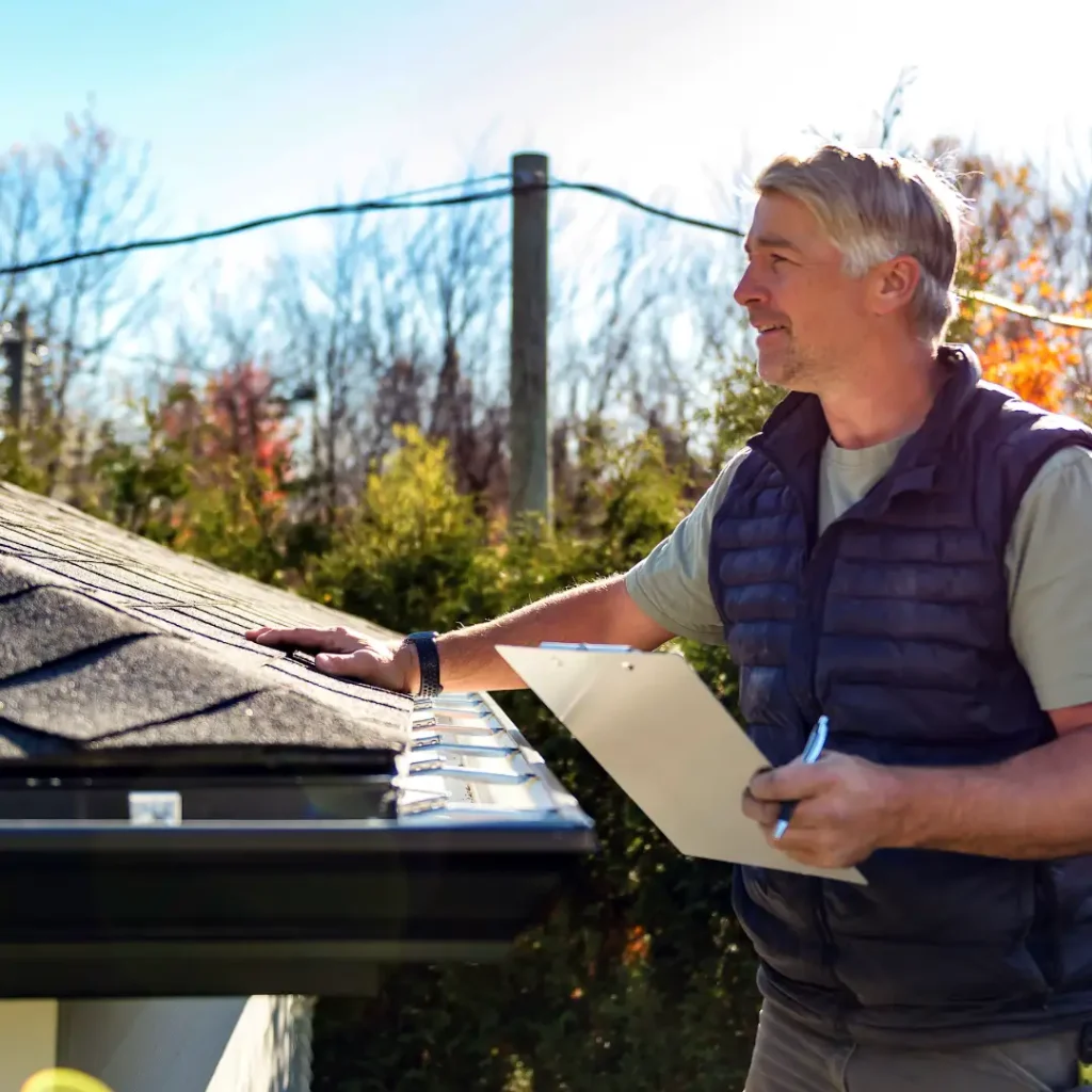 builder inspecting storm damage on an asphalt roof