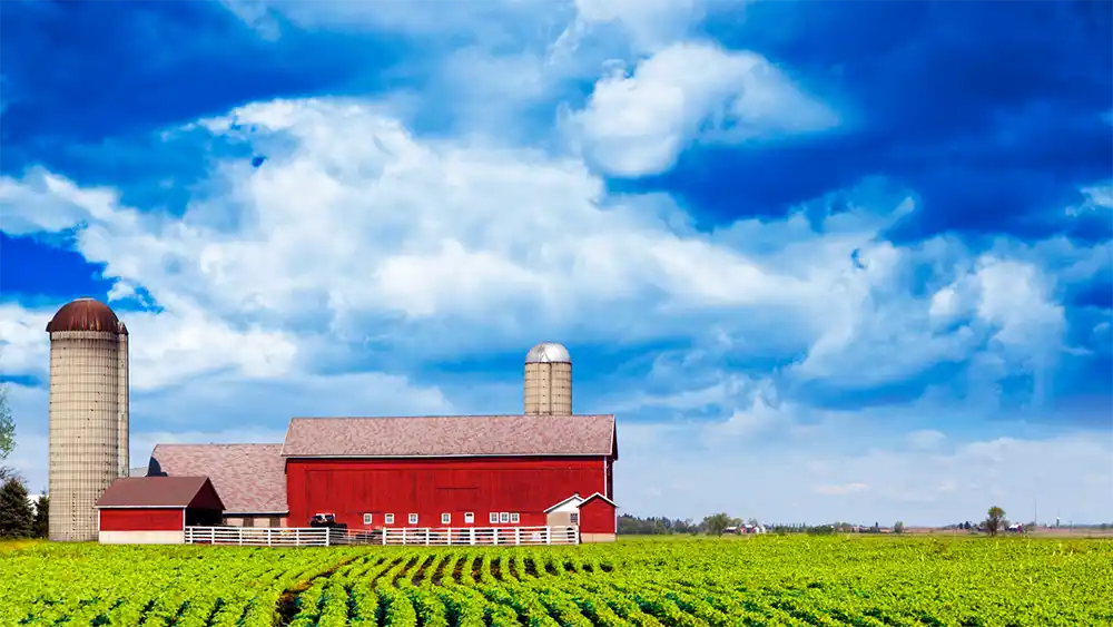 A classic red Michigan barn with two silos under a bright blue spring sky with dramatic white clouds, representing the rural residential and agricultural properties served by MI Roof Pro in the Grand Traverse region.