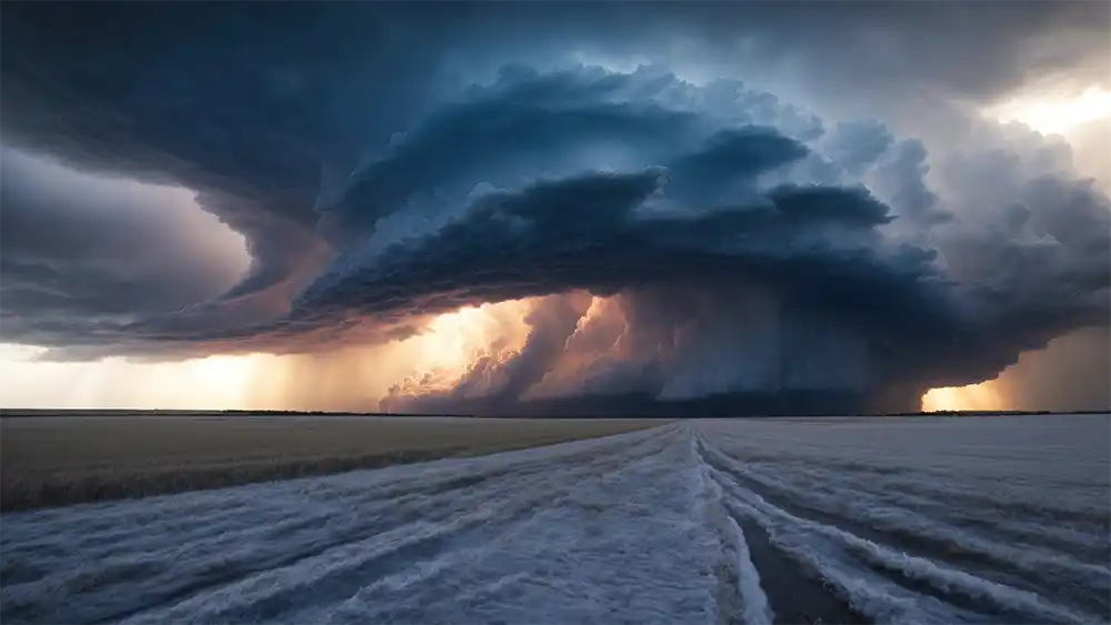 A dramatic supercell thunderstorm with a massive, dark shelf cloud looming over a Northern Michigan landscape and open water, illustrating the severe spring weather and potential for wind damage addressed in MI Roof Pro’s storm guide.