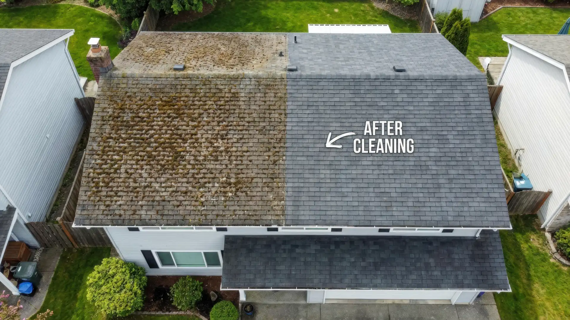 roof showing half with moss and alge and the other half after its been cleaned.